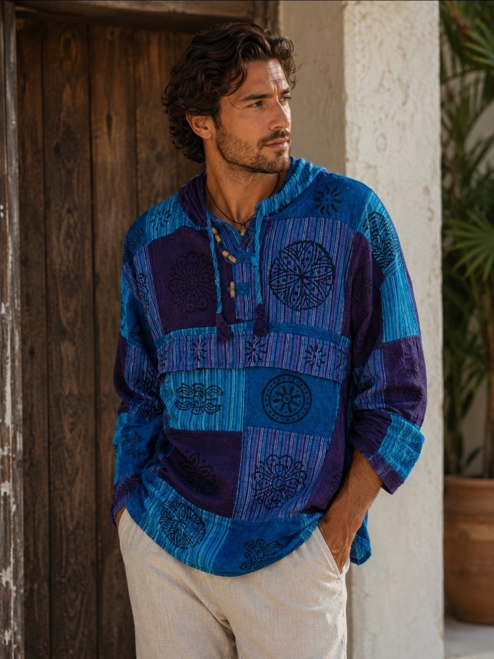 New! Rising International 100% Cotton Boho Blockprint Patchwork Hoodie, NWT